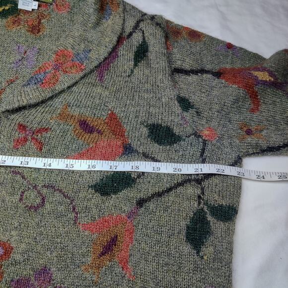 Peruvian Connection 100% Alpaca Green Floral Knit Cozy Cardigan Sweater Large - Picture 9 of 10